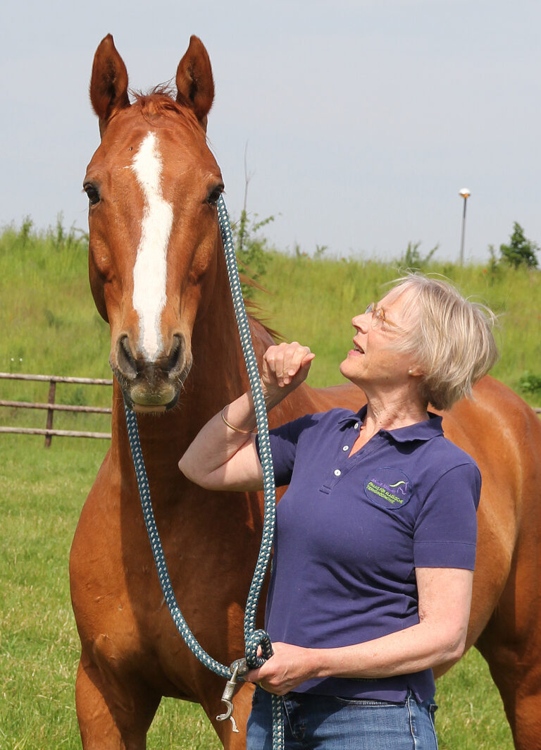 Susanne Kleemann mit ihrem Fuchs auf der Weide